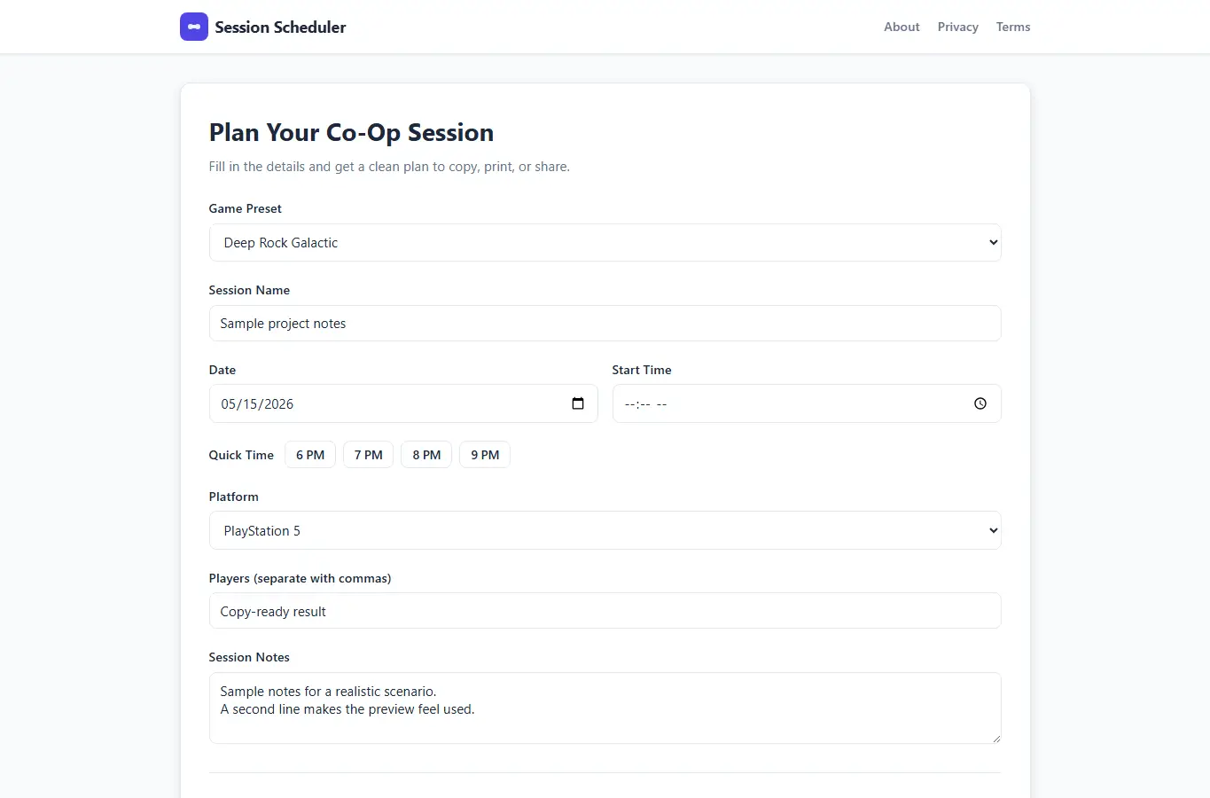 Screenshot of Co-Op Session Scheduler interface showing the project page in use